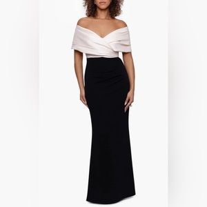 "Yasmeen" Long Off The Shoulder Scuba Crepe Gown - Champagne/Black